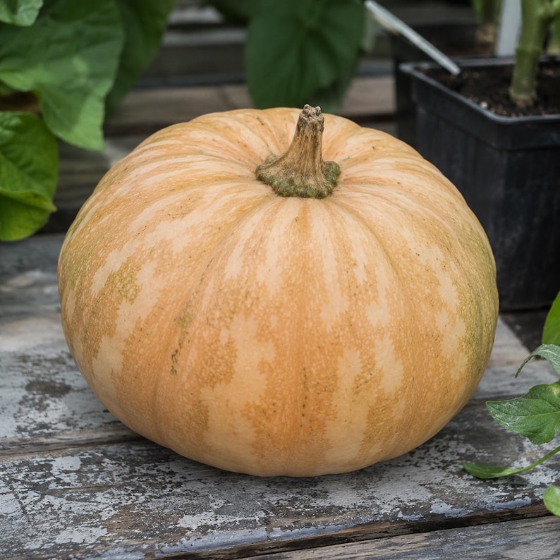 La Estrella F1 tropical pumpkin - ripe buff-orange fruit on a garden table - heat tolerant moschata hybrid
