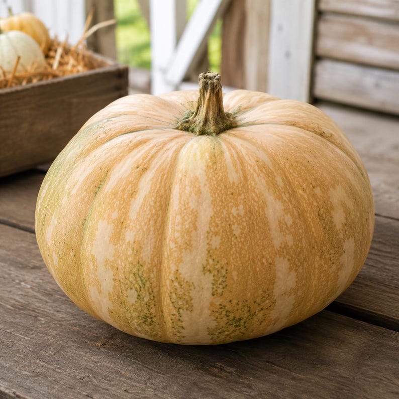 La Estrella F1 tropical pumpkin seeds - whole tan calabaza squash on rustic wood - vine borer resistant Cucurbita moschata
