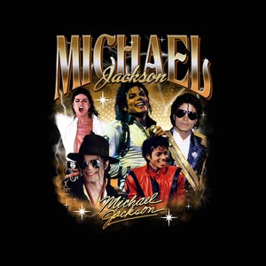 May include: Black graphic tee featuring multiple images of Michael Jackson. The design includes the name "Michael Jackson" in gold lettering, with a vintage aesthetic. The images show Jackson in various poses and outfits.