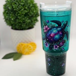 Sea Turtle Tumbler | Galaxy Shell, Teal Lava Flow, Floral Accents (30 oz Acrylic)