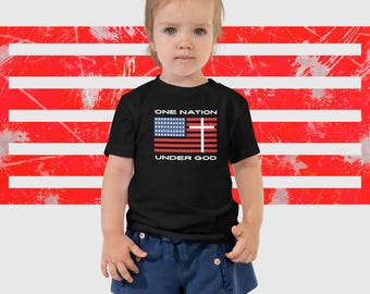 En nation under Gud premium-t-shirt för småbarn | Patriotisk troströja för barn | Kristen t-shirt med amerikansk flagga | Bella + Canvas 3001T