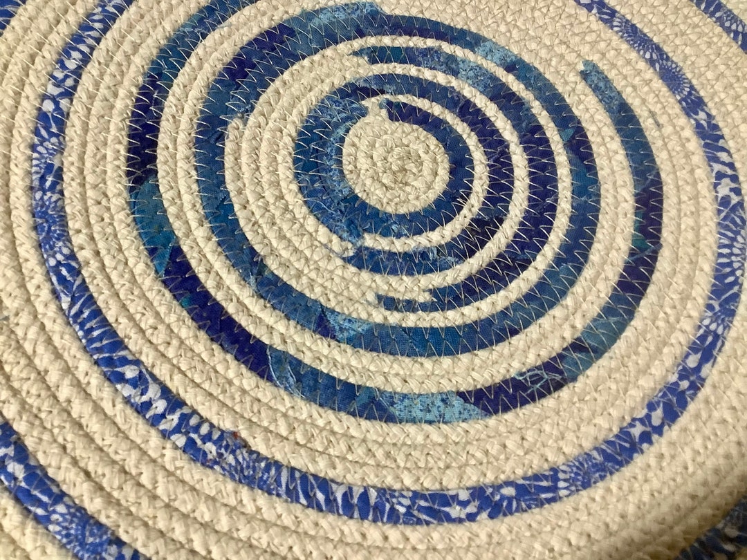 Blue Print Clothesline Fabric Coiled Handmade Mat, Centerpieces, Mug ...