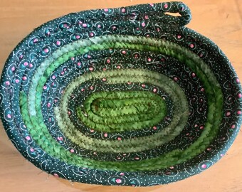 Green Prints Fabric Coiled Handmade Oval Basket/Bowl | 8” by 6” by 2.5” depth | Fabric Bowl | Cotton Fabric