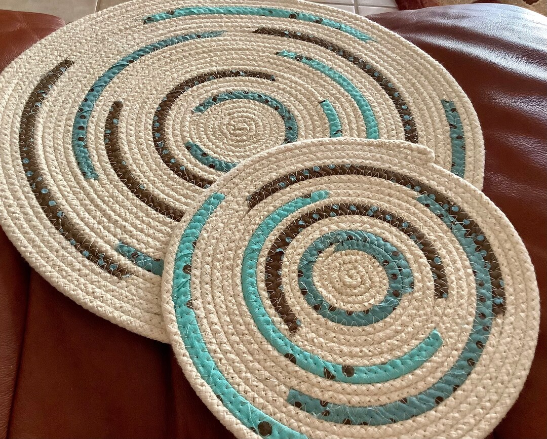 Coiled Cotton Fabric Handmade Mats, Turquoise Brown Beige Print, Set of ...