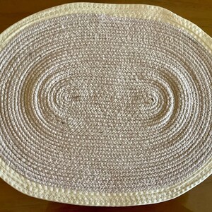 Natural Rope with Satin Edging Coiled Handmade Mat/Trivet/Centerpiece | Thin 12” by 9” oval