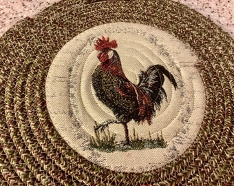 Rooster Chicken Print Fabric Coiled Wallhanging/Mat/Trivet/Candle Mat | 9” diameter | Fabric Wallhanging | Cotton Fabric