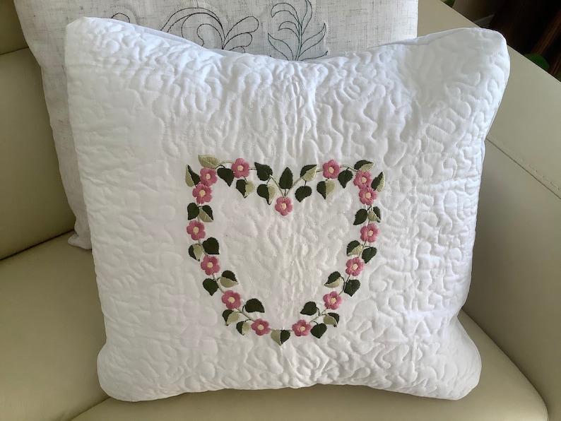 No insert included Embroidered Floral Heart 12\u201d Square Pillow Cover White Cotton Fabric