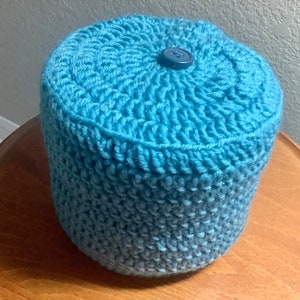 Turquoise Yarn Toilet Tissue Cover with Accent Button Crochet | Handmade Crochet Cover