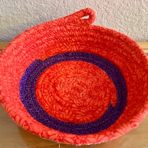 Orange & Purple Prints Fabric Coiled Basket/Bowl | 7.5” by 2.25” deep | Cotton Fabric