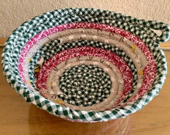 Green Check Pink Fabric Coiled Handmade Basket/Bowl | 8” diameter 3.5” depth | Fabric Bowl | Cotton Fabric