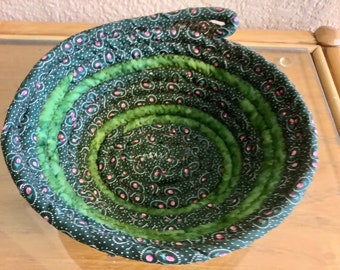 Green Prints Fabric Coiled Handmade Oval Basket/Bowl | 8” by 7” by 3.5” depth | Fabric Bowl | Cotton Fabric