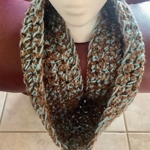 Crocheted Infinity Scarf Neck Warmer for Child to Adult Size | Acrylic yarn in brown & turquoise blue