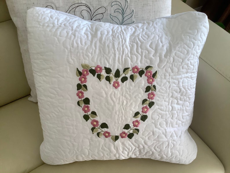 No insert included Embroidered Floral Heart 12\u201d Square Pillow Cover White Cotton Fabric