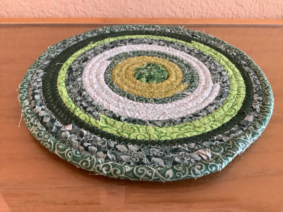 Green Prints Fabric Coiled Mat | Round Cotton Mat, 9.5