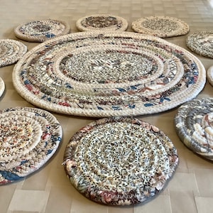 Tan Blue Green Fabric Coiled Handmade Mat/Trivet/Centerpiece | 13” by 11” oval