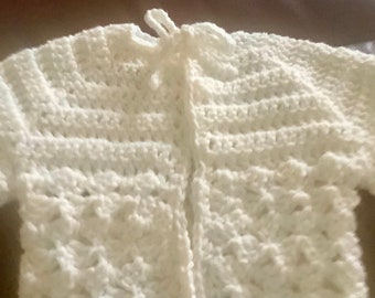 Newborn White Cardigan Sweater Hand Crochet 15” Chest Machine Washable