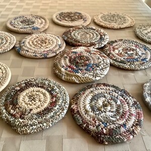Tan Blue Green Fabric Coiled Handmade Coasters | Set of 4 or 6 | 5” diameter