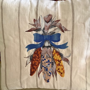 Fall Embroidered Indian Corn 16” Square Pillow Cover | Cotton Fabric | No insert included