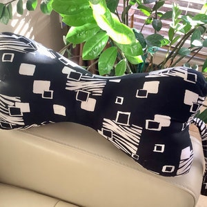 Black & White Floral Print Lowpile Fur Relaxing Dog Bone Shaped Neck Pillow | 14” long not counting handle | Upholstery Fabric