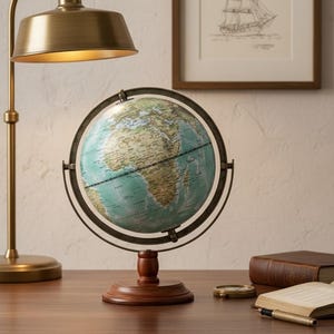 Obrotowy, zabytkowy globus z grawerowaną drewnianą podstawą, antyczna mapa Ziemi na biurko, klasyczny wystrój gabinetu, prezent na biurko Dark Academia