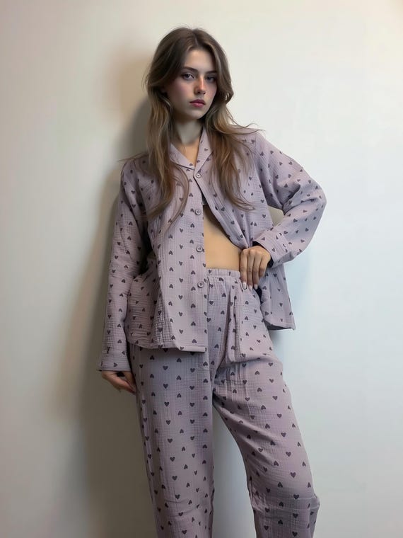 Lavender Heart Muslin Cotton Pajama Set | Button Down Summer Sleepwear