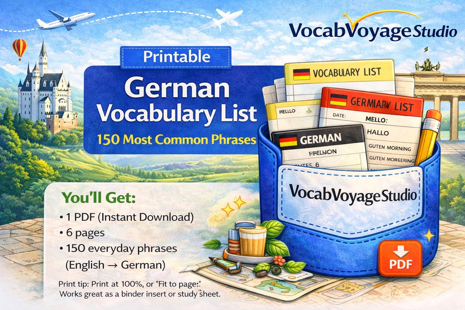 German Vocabulary List Printable | 150 Most Common Phrases | English ...