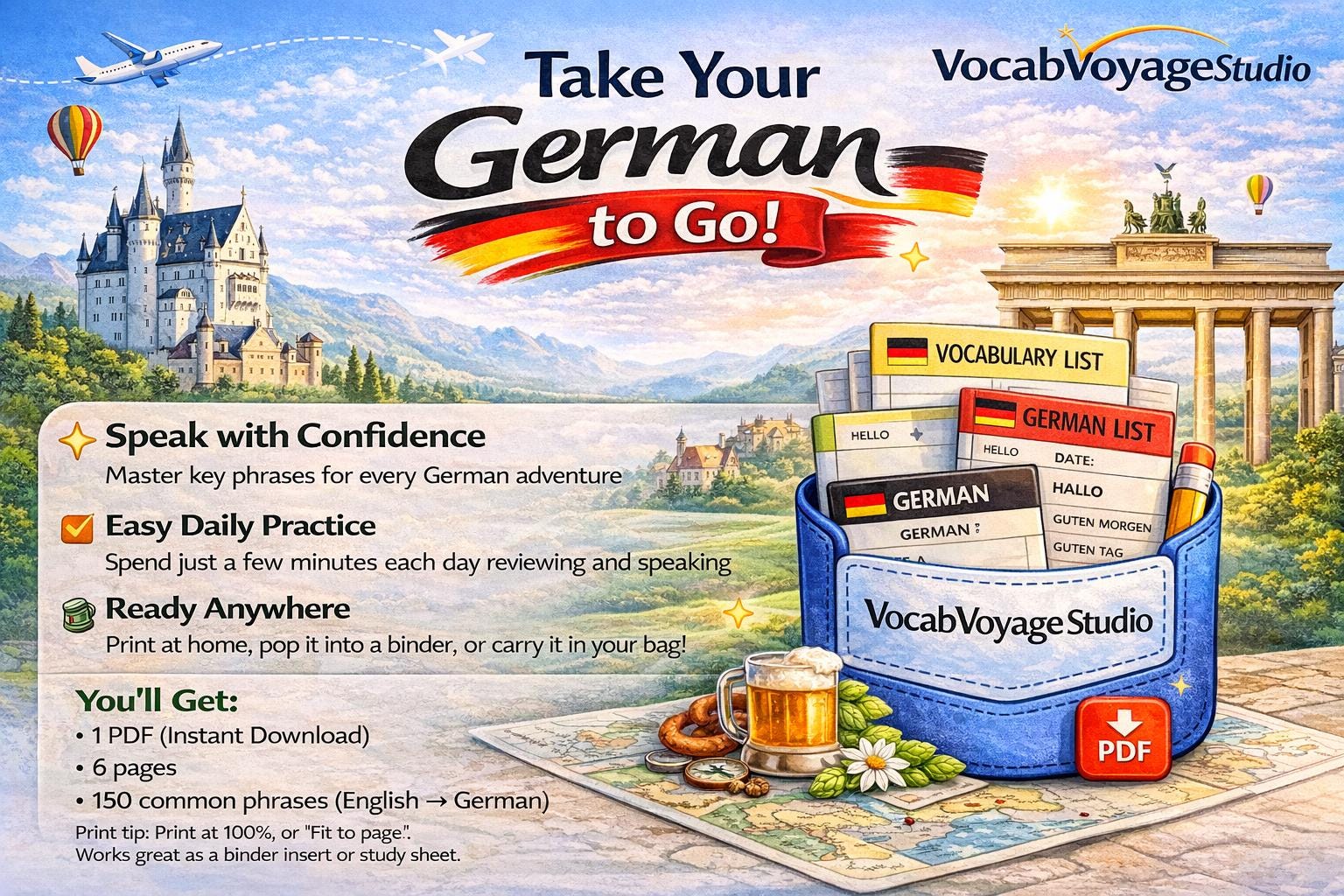 German Dictionary Printable German Vocabulary List Printable | 150 Most Common Phrases | English ...