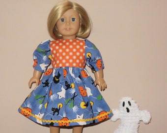 Handmade Doll Clothes fits/for 18 inch American Girl Doll ~ "Boo!" Blue, Orange, Black & White Halloween Print Dress