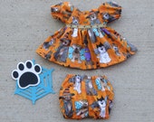 Handmade 14 - 16 Inch Baby Doll Clothes quot Halloween Dog Parade quot Orange Brown Halloween Dogs Print Dress Set with Panties