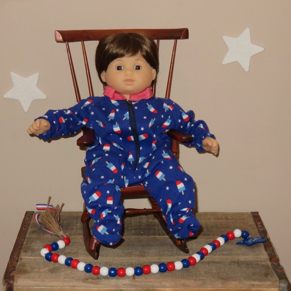 Handmade Doll Clothes for/fits AG Bitty Baby or Twins Doll ~ "Summer Treat" Blue, Red & White Popsicles and Star Print Footed Pajamas ~ PJ's