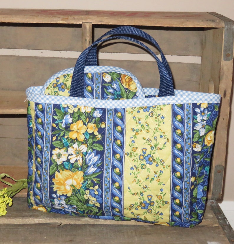 Green /& Yellow Flowers Print ~ American Girl ~ Bitty Baby ~ Baby Dolls Handmade Quilted Doll Diaper Tote Bag Set w Burp Cloth ~ Blue