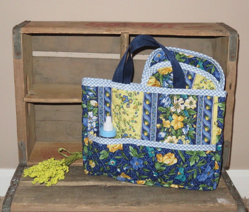 Green /& Yellow Flowers Print ~ American Girl ~ Bitty Baby ~ Baby Dolls Handmade Quilted Doll Diaper Tote Bag Set w Burp Cloth ~ Blue