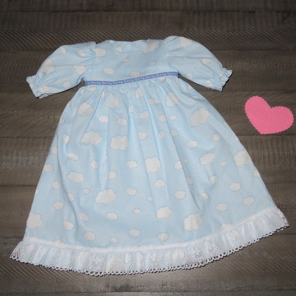 Handmade 20 - 22 Inch Baby Doll Clothes ~ "Sweet Dreams" Blue & White Clouds Print Long Nightgown ~ Pajamas ~ PJ's