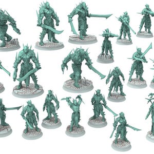 May include: A selection of teal-coloured fantasy miniature figures. The figures are in various poses, some wielding swords. Each figure stands on a circular base. The figures have a spiky, armoured appearance.