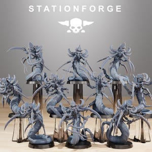 May include: A collection of gray fantasy miniatures, each depicting a serpentine creature with multiple arms and sharp blades. The miniatures are displayed on clear stands, with the "STATIONFORGE" logo and a skull emblem visible above.