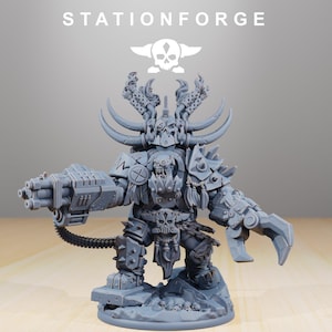 May include: A gray miniature figurine of a heavily armored warrior with a large gun arm and a claw arm. The figurine has large horns and is standing on a rocky base. The text "STATIONFORGE" is at the top.