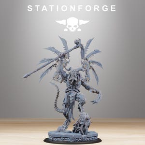 May include: A gray miniature figure of a creature with multiple arms and a weapon, standing on a circular base. The figure has a detailed design with mechanical and organic elements. The word "STATIONFORGE" is at the top.
