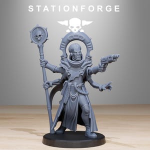 May include: A gray miniature figure of a character holding a staff with a skull emblem and a pistol. The figure has multiple arms and is wearing a long coat and armor. The word "STATIONFORGE" is printed above the figure.