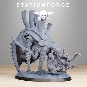 May include: A gray, detailed miniature of a monstrous creature with multiple legs, a segmented body, and a large head with sharp teeth. The model is on a black base, with the text "STATIONFORGE" above it.