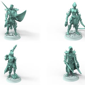 Puede incluir: Cuatro figuras en miniatura de fantasía de color verde claro. Cada figura es un guerrero con armadura, que empuña armas como espadas y escudos. Las figuras se alzan sobre bases detalladas, y la estética general recuerda a un juego de mesa.