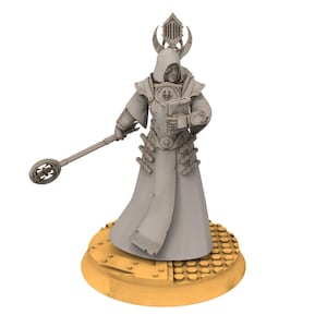 May include: A grey figurine of a robed figure holding a staff and a book. The figure is wearing a hooded cloak and armour, and stands on a gold-coloured circular base. The staff has a decorative top.