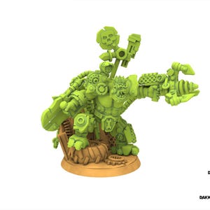 Puede incluir: Una figura en miniatura de color verde lima de un personaje parecido a un orco, fuertemente blindado, sosteniendo un arma grande. La figura está sobre una base marrón con detalles mecánicos. El texto "DAKKADAKKA.STORE" es visible.