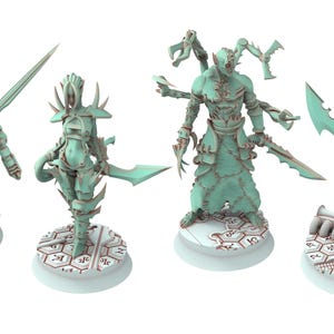 May include: Four teal-colored fantasy miniatures. The figures include a warrior with a sword and cape, a female warrior with a blade, a multi-armed creature, and a warrior with a large sword. Each figure stands on a circular base.