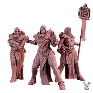May include: Three detailed, brown miniature figures of armored characters. The figures are in dynamic poses, with one holding a staff with skulls, another with a gun, and the third with a weapon. Likely for tabletop gaming.