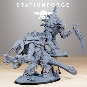 May include: A gray, detailed miniature figure of a creature with sharp claws, a long tail, and a menacing expression. The figure is posed on a black base. The text "STATIONFORGE" is at the top.