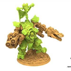 Puede incluir: Figura en miniatura detallada, verde y marrón, de un robot fuertemente blindado con múltiples armas. El robot tiene un cañón grande en un brazo y una garra en el otro. La base es marrón con engranajes y calaveras. El texto "DESIGNED BY DAKKADAKKA.STORE" es visible.