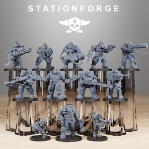 May include: A collection of gray miniature figurines of soldiers and warriors, each with unique armor and weaponry. The figures are arranged on black bases, with the text "STATIONFORGE" and a skull logo at the top.