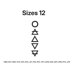 Może przedstawiać: Grafika cyfrowa z napisem Sizes 12 u góry, po którym następuje pionowa kolumna pięciu czarnych symboli geometrycznych, w tym koła, trójkątów i przekreślonych trójkątów. Na dole znajduje się tekst EMB, DST, BRO, STX, EXP, HUS, JEF, PES, PEC, VP3, SEW, XXX, ART, CND, PCS, JPX.
