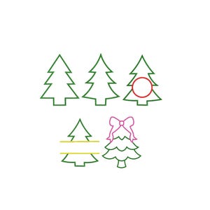 Puede incluir: Una colección de cinco diseños de árboles de Navidad en contorno verde. Tres árboles son contornos simples, uno incluye un marco circular rojo, uno presenta una línea divisoria amarilla horizontal y uno tiene un gráfico de lazo rosa en la parte superior.