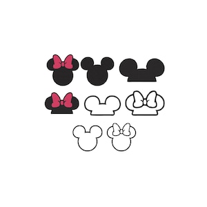 以下が含まれることがあります： ネズミの耳のシルエットを描いた8つのグラフィックアイコンのコレクション。黒い塗りつぶしの形、ピンクのリボンが付いた黒い形、白い輪郭線、リボンが付いた白い輪郭線が含まれており、背景に対して3列に配置されています。